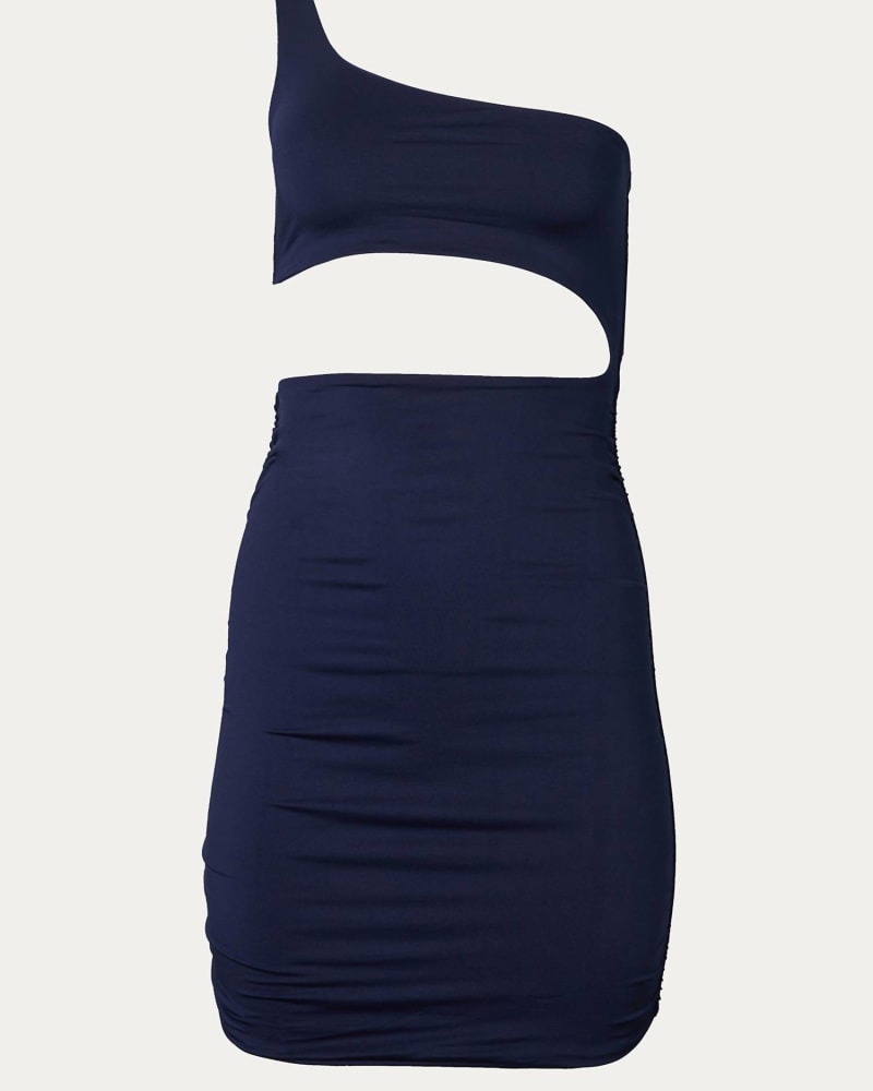 Front of a size L One-Shoulder Ruched Cutout Mini Dress in Navy in Navy by Melody Fashion. | dia_product_style_image_id:337267